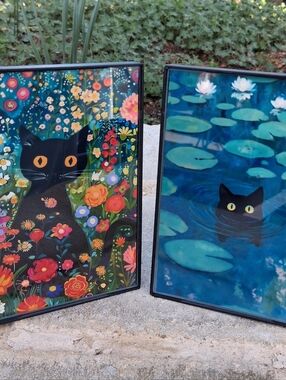 Set of Two Framed Black Cat Art Print Minis— Monet Inspired
